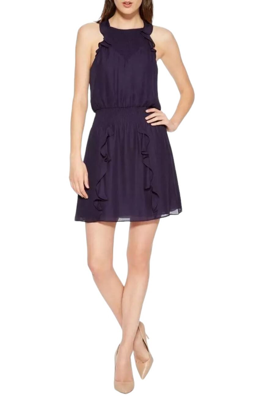 PARKER Milly Silk Smocked Ruffle Mini Sleeveless Dress Cosmic Navy Size Large